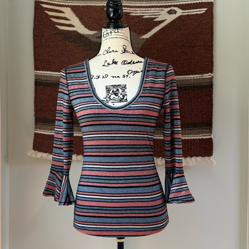 Free People Surprise Party Metallic Stripe Flounce Sleeve Top